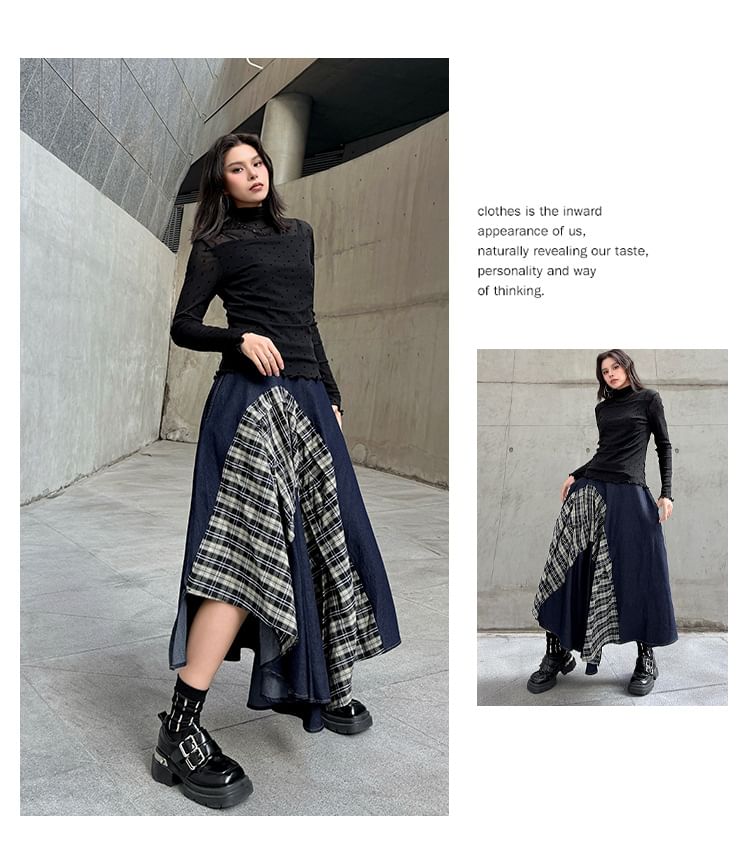 Asymmetric Plaid Maxi Skirt & Mock Neck Long-Sleeve Top
