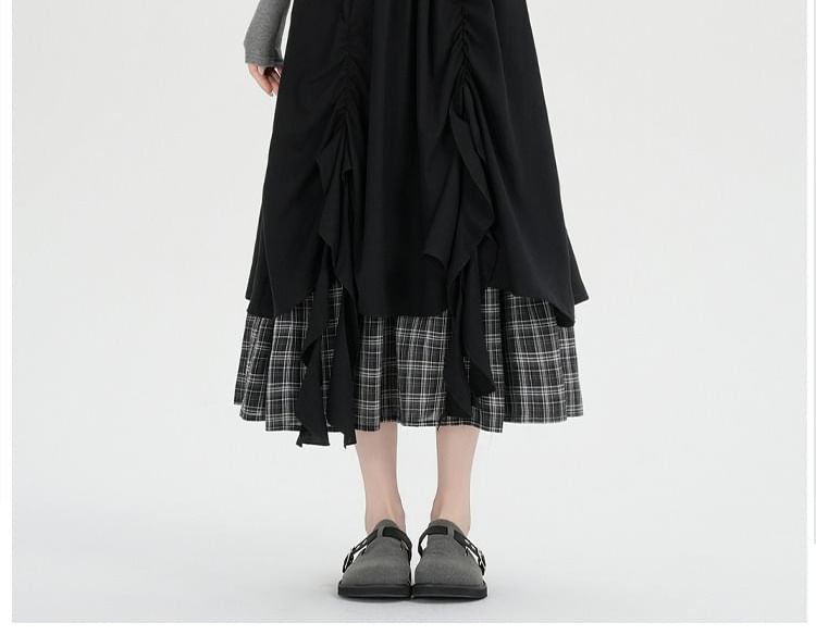 Layered Plaid Midi A-Line Skirt High Waist