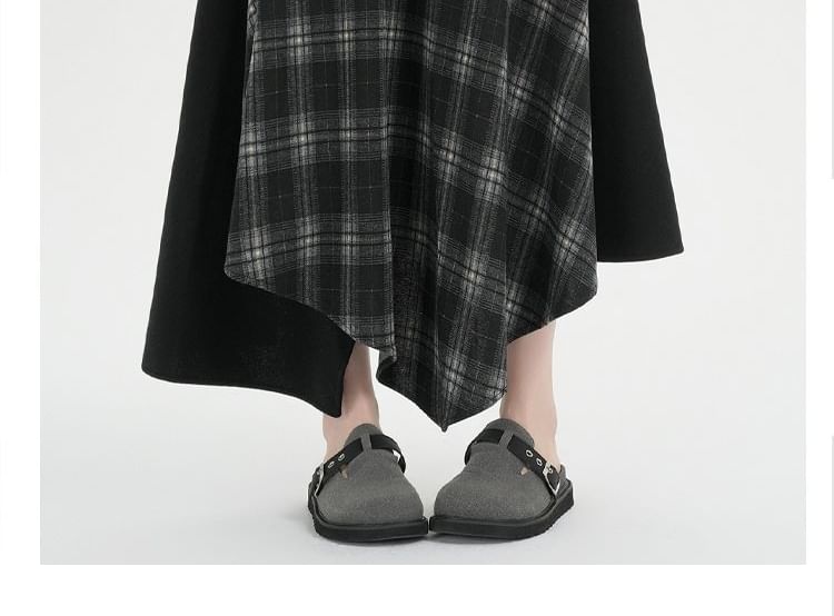 Plaid Panel Asymmetrical Maxi A-Line Skirt