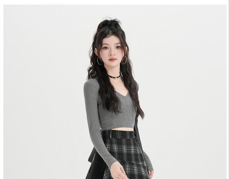 Plaid Panel Asymmetrical Maxi A-Line Skirt