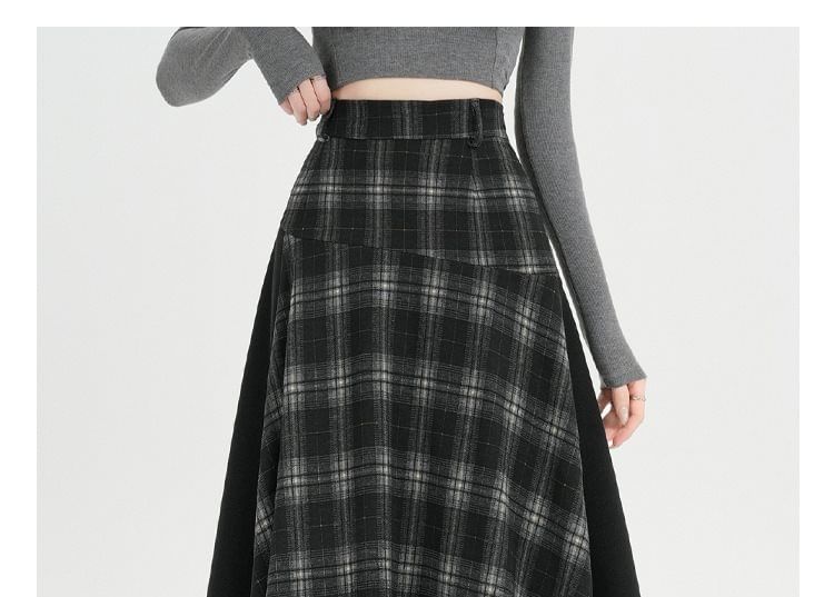 Plaid Panel Asymmetrical Maxi A-Line Skirt