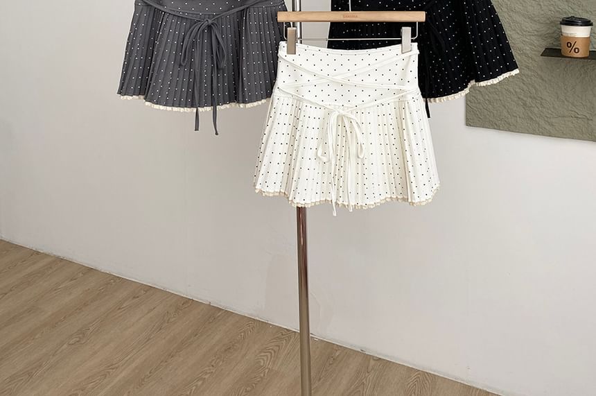 Polka Dot Lace-Up Pleated Mini A-Line Skirt