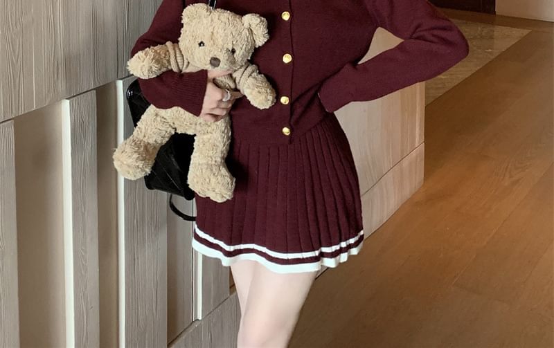 Round Neck Cardigan and Mini A-Line Skirt Set