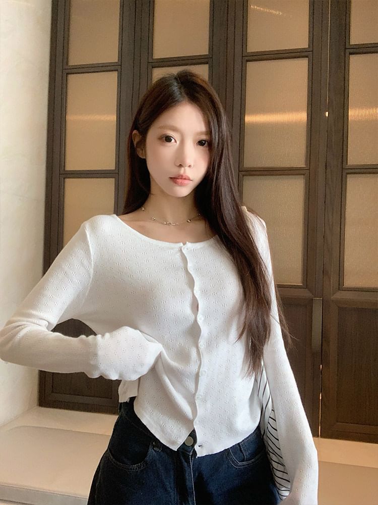 Plain Pointelle Knit Cardigan
