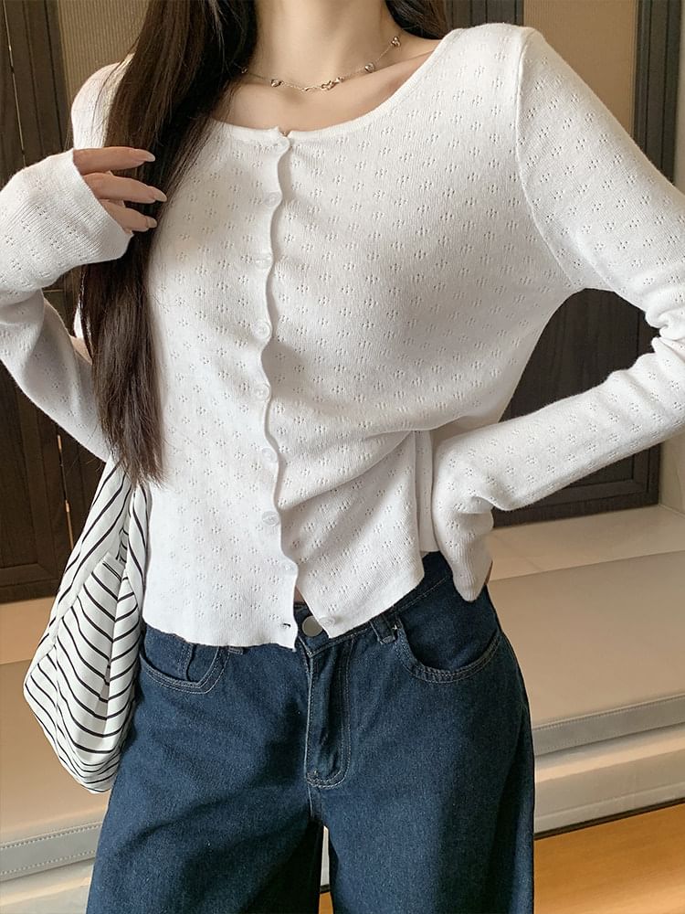 Plain Pointelle Knit Cardigan