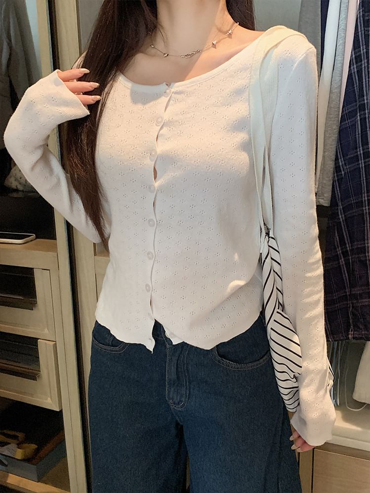 Plain Pointelle Knit Cardigan