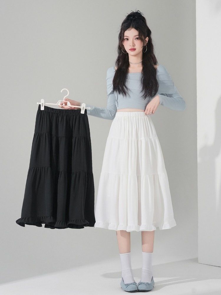 Ruffle Trim Midi A-Line Skirt with Plain Design