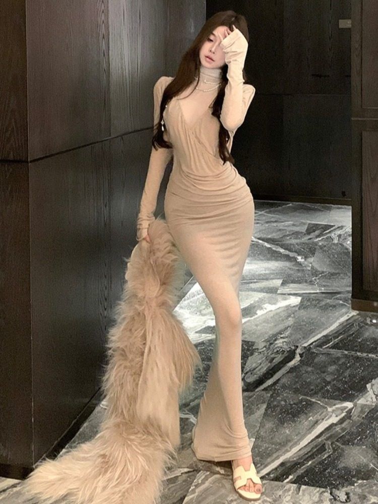 Ruched Sheath Dress & Turtleneck Mesh Top