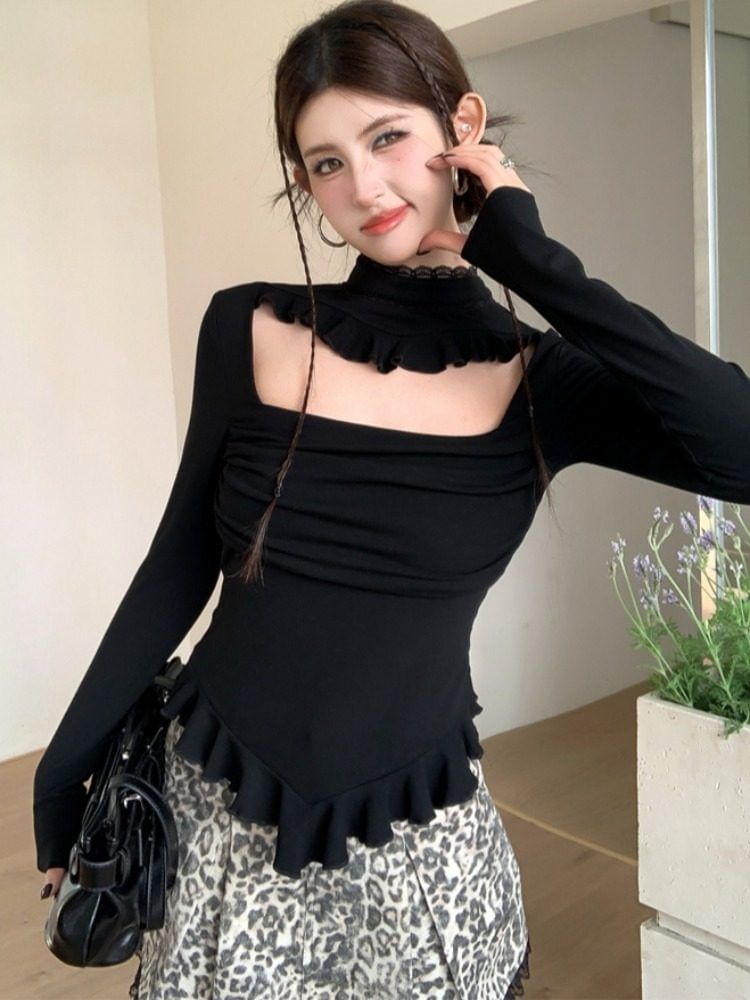 Ruffle Trim Mock Neck Tee with Cutout and Ruched Details
