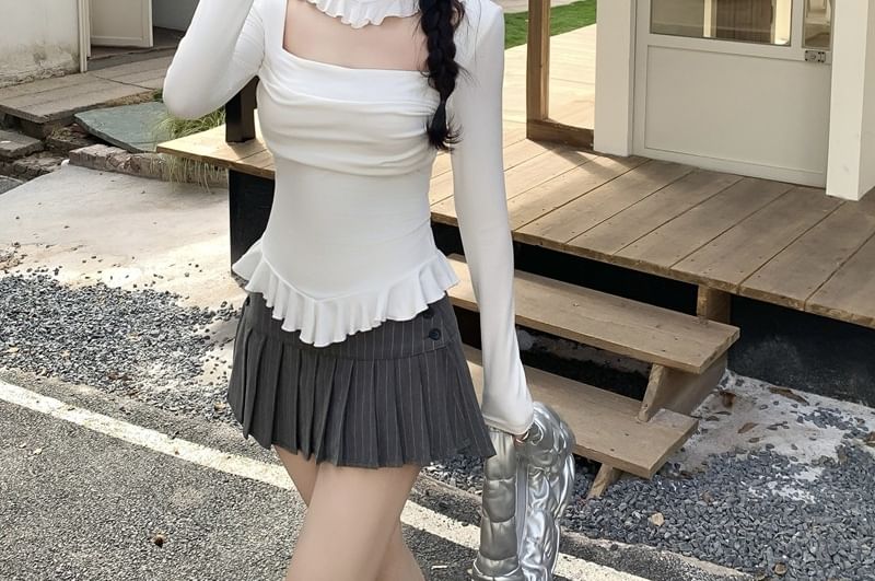 Ruffle Trim Mock Neck Tee with Cutout and Ruched Details