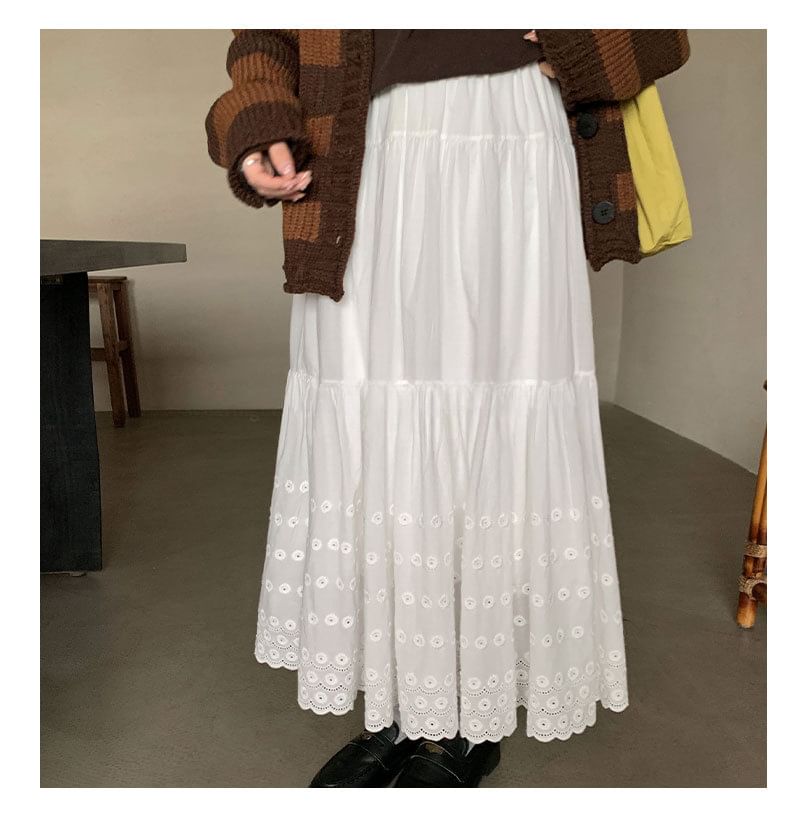 Eyelet Lace Midi A-Line Skirt High Waist