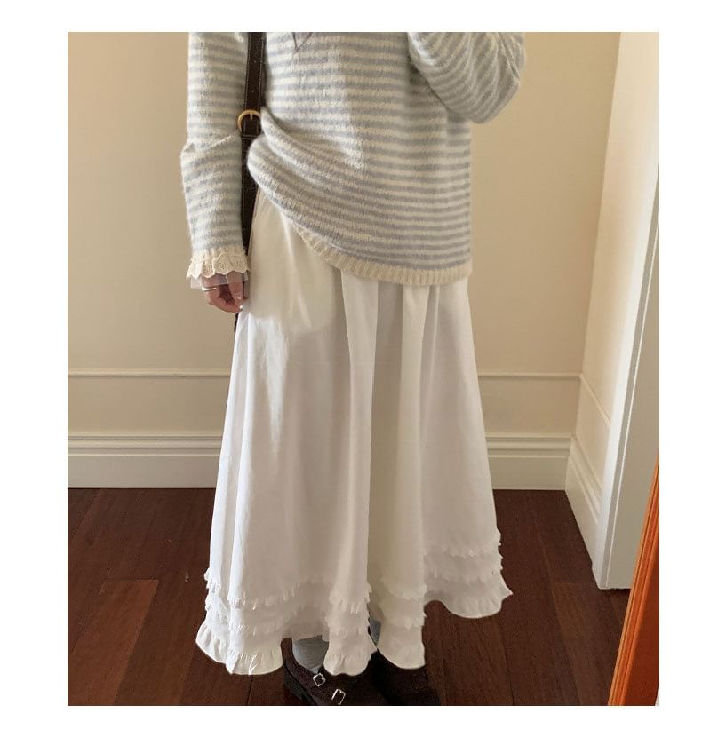 Ruffle Trim Midi A-Line Skirt High Waist