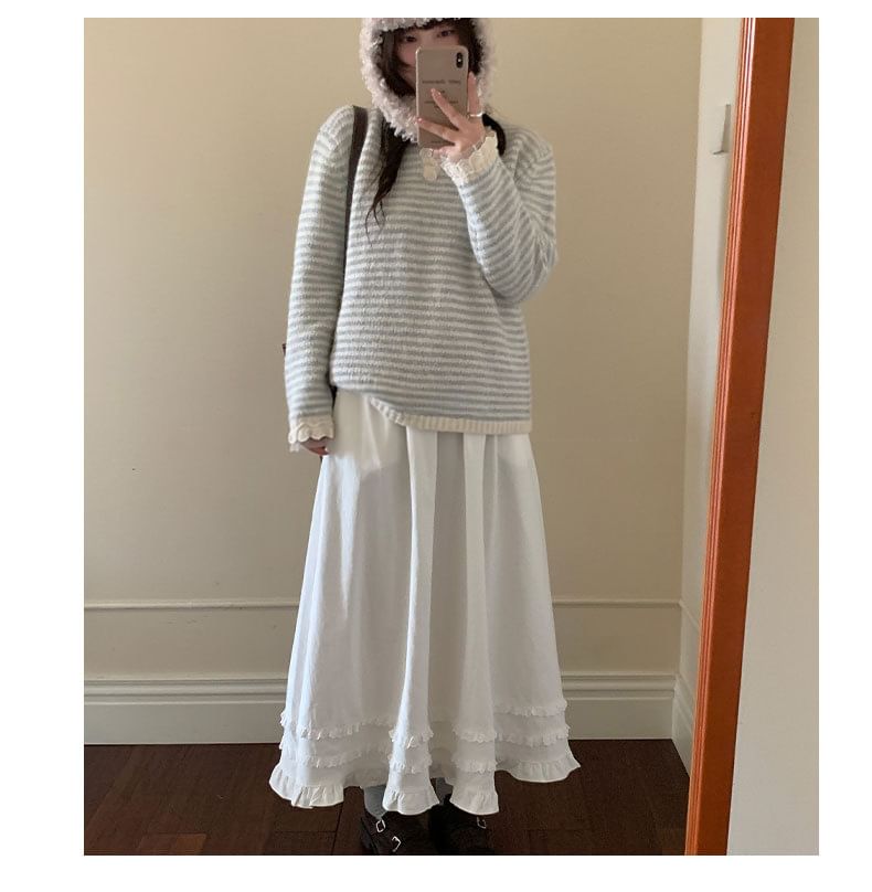 Ruffle Trim Midi A-Line Skirt High Waist