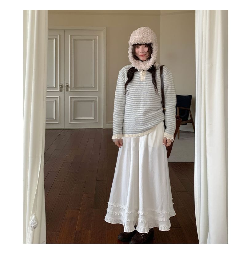 Ruffle Trim Midi A-Line Skirt High Waist