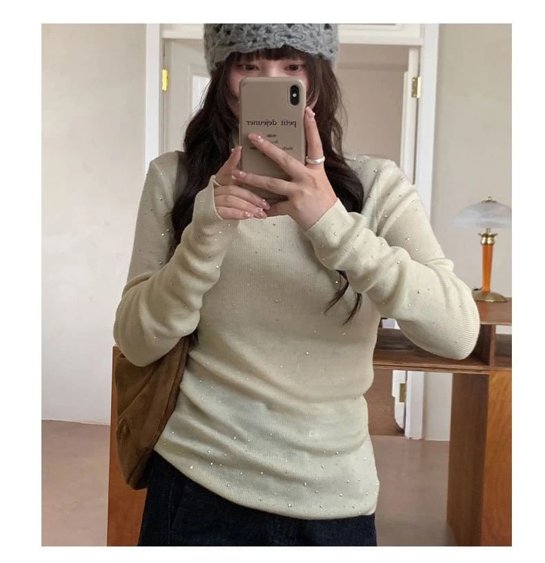 Rhinestone Embellished High Neck Tee with Long Sleeves