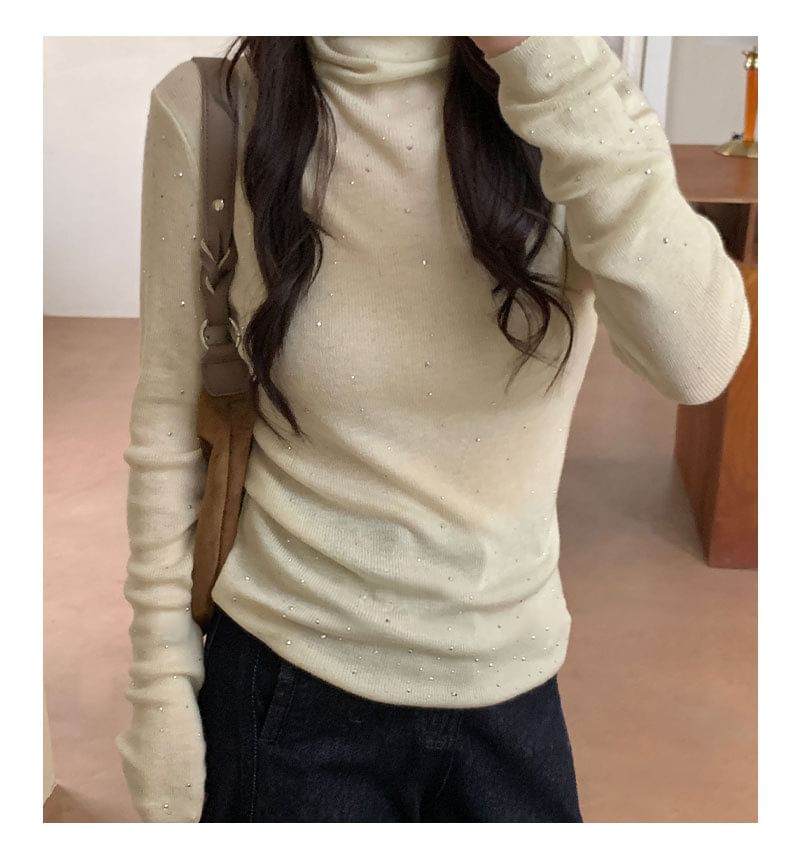 Rhinestone Embellished High Neck Tee with Long Sleeves