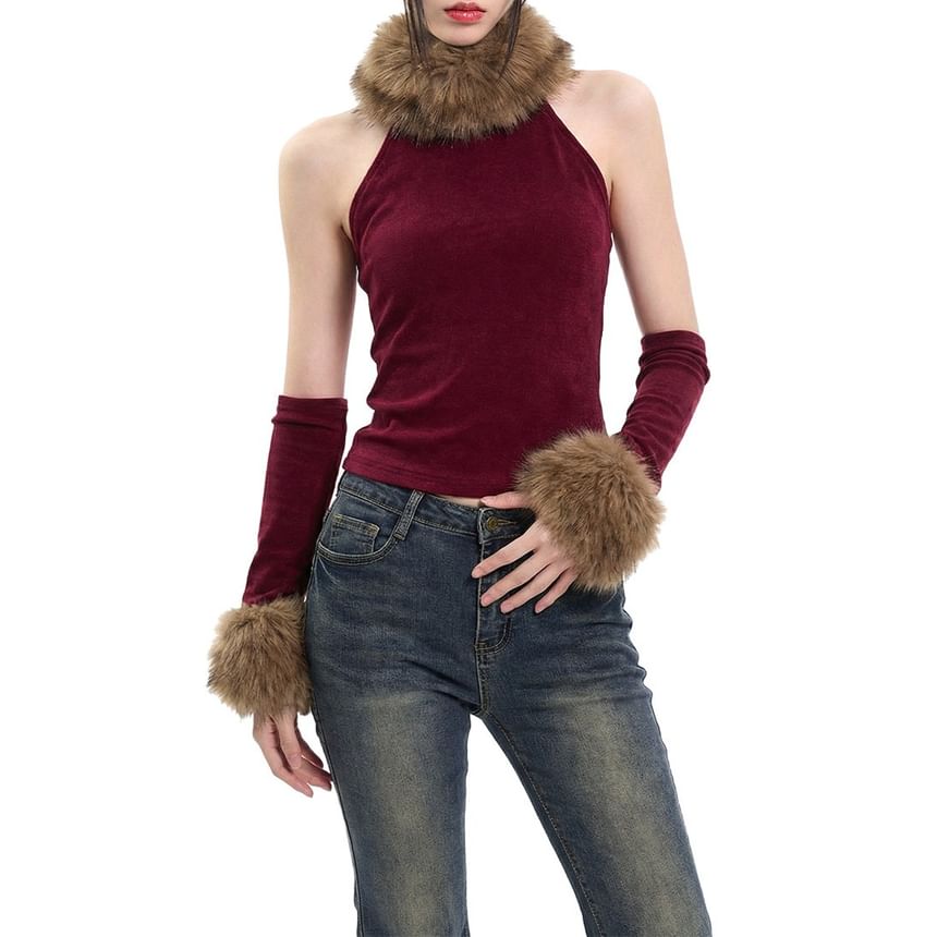 Fluffy Trim Halter Crop Top Set