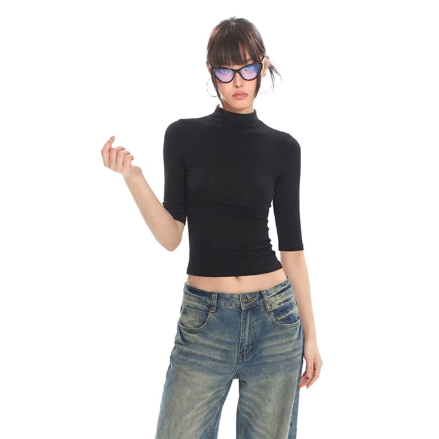 Mock Neck Ribbed Knit Crop Top