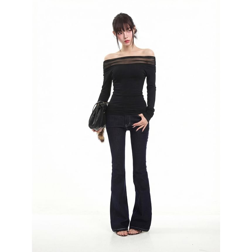Extended Sleeve Off-Shoulder Solid Translucent Insert Tee