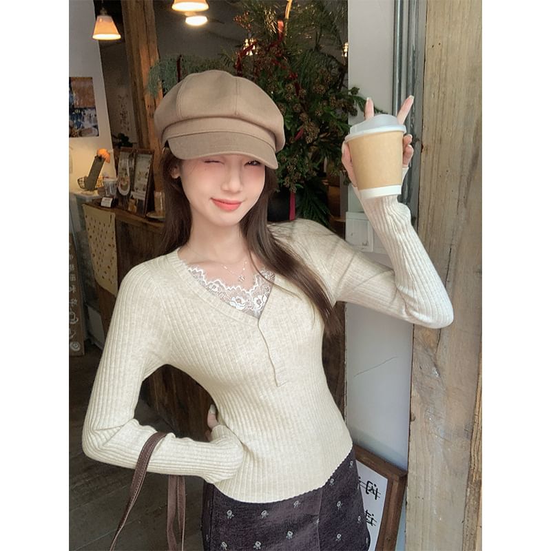Ribbed-Knit V-Neck Top with Lace Panels