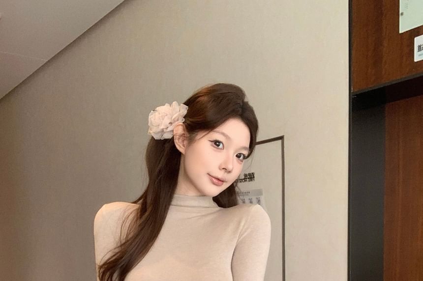 Mock Neck Tee with Belted Midi Pencil Skirt