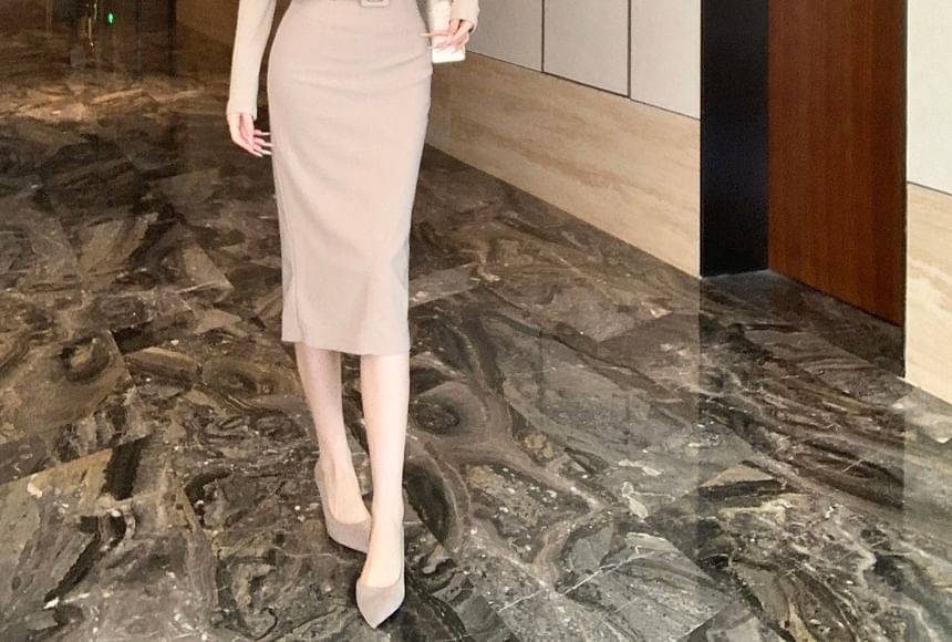 Mock Neck Tee with Belted Midi Pencil Skirt