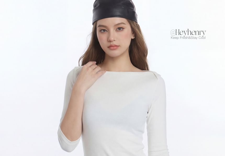 Boat Neck Slim Tee with Elbow Sleeves