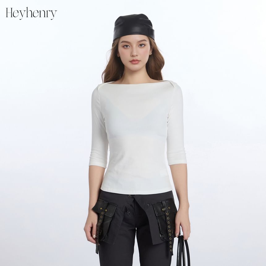Boat Neck Slim Tee with Elbow Sleeves