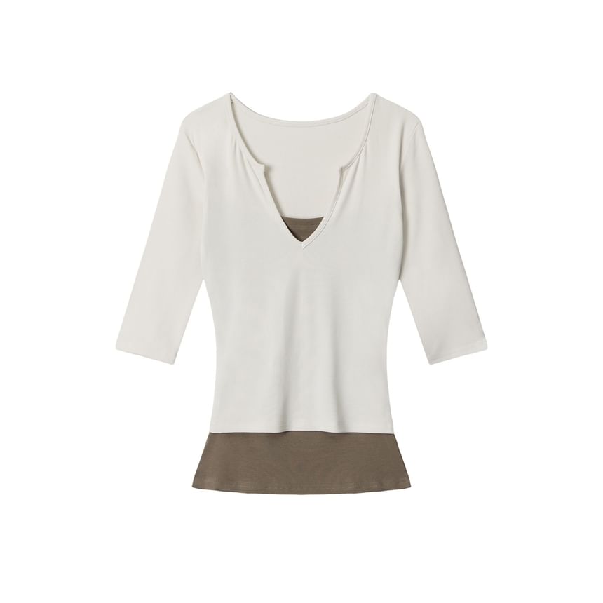 Elbow-Length Sleeve Faux Two-Piece U-Neck Contrast Fitted Top