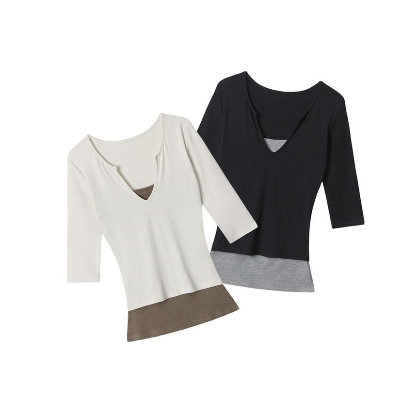 Elbow-Length Sleeve Faux Two-Piece U-Neck Contrast Fitted Top