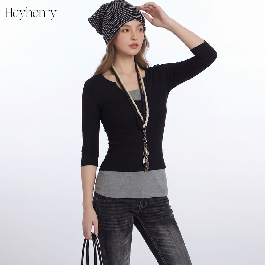 Elbow-Length Sleeve Faux Two-Piece U-Neck Contrast Fitted Top