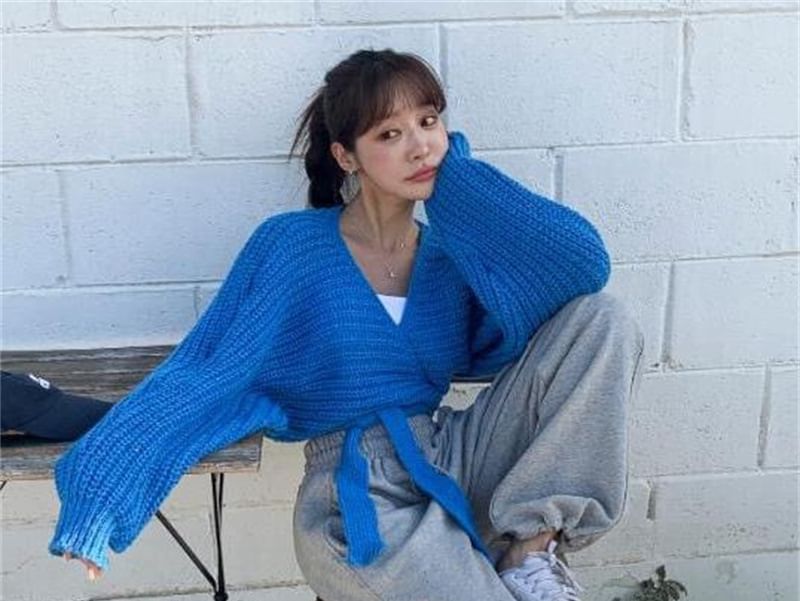 V-Neck Tie-Up Wrap Sweater