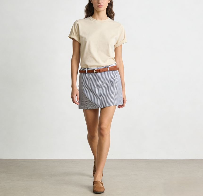 Striped Mini Pencil Skirt with Belt High Waist