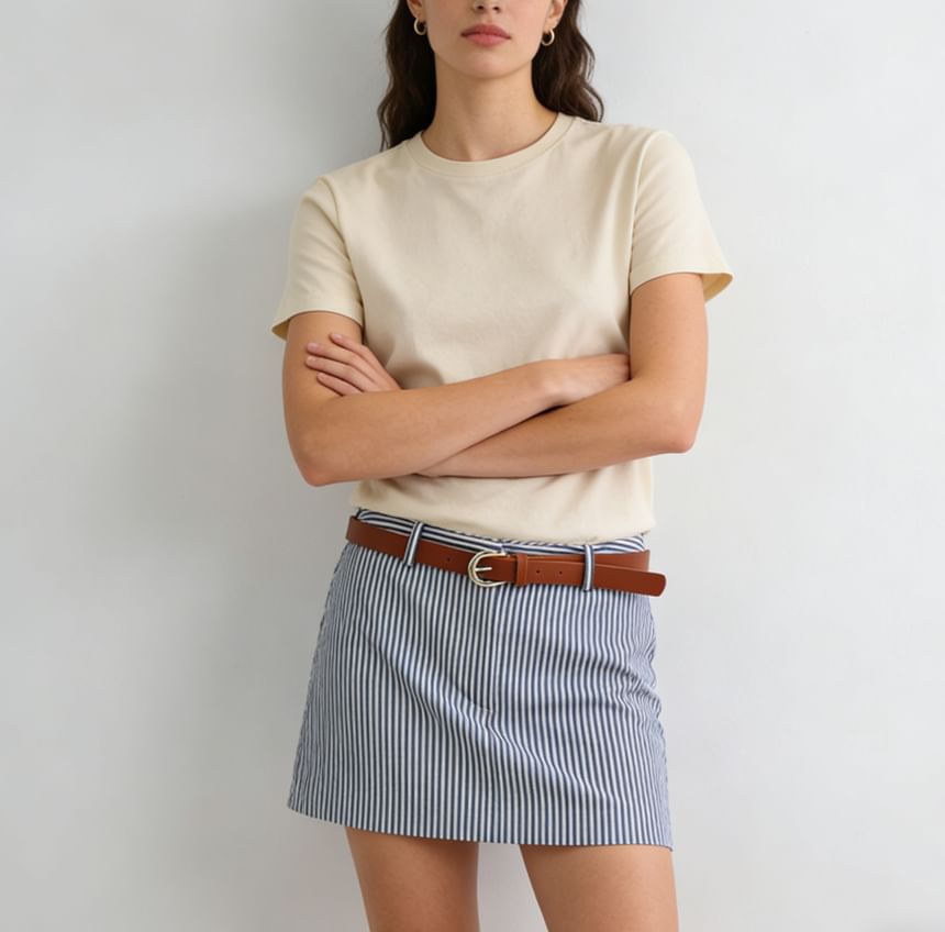Striped Mini Pencil Skirt with Belt High Waist