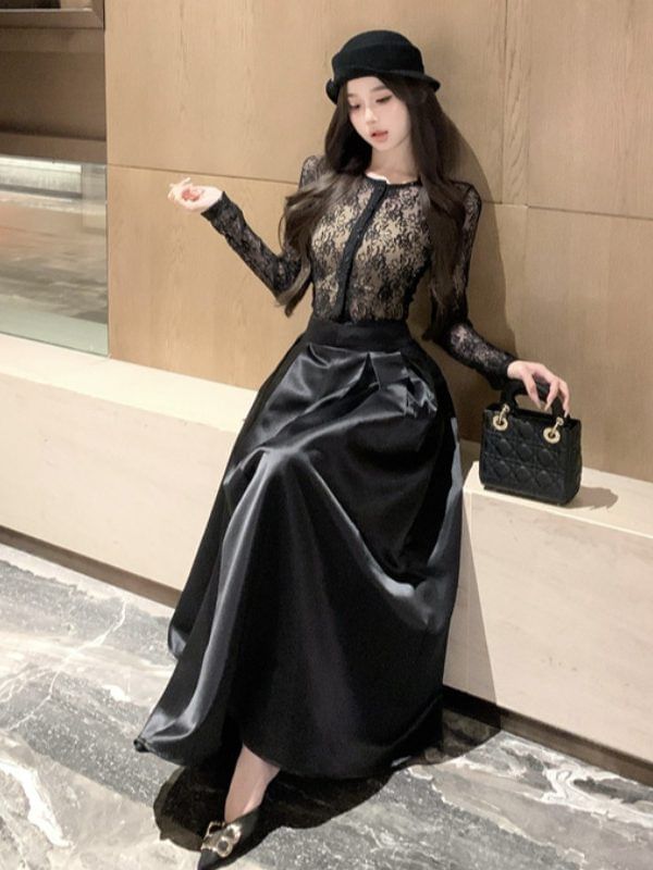 Round Neck Lace Top with Bandeau and Maxi Skirt