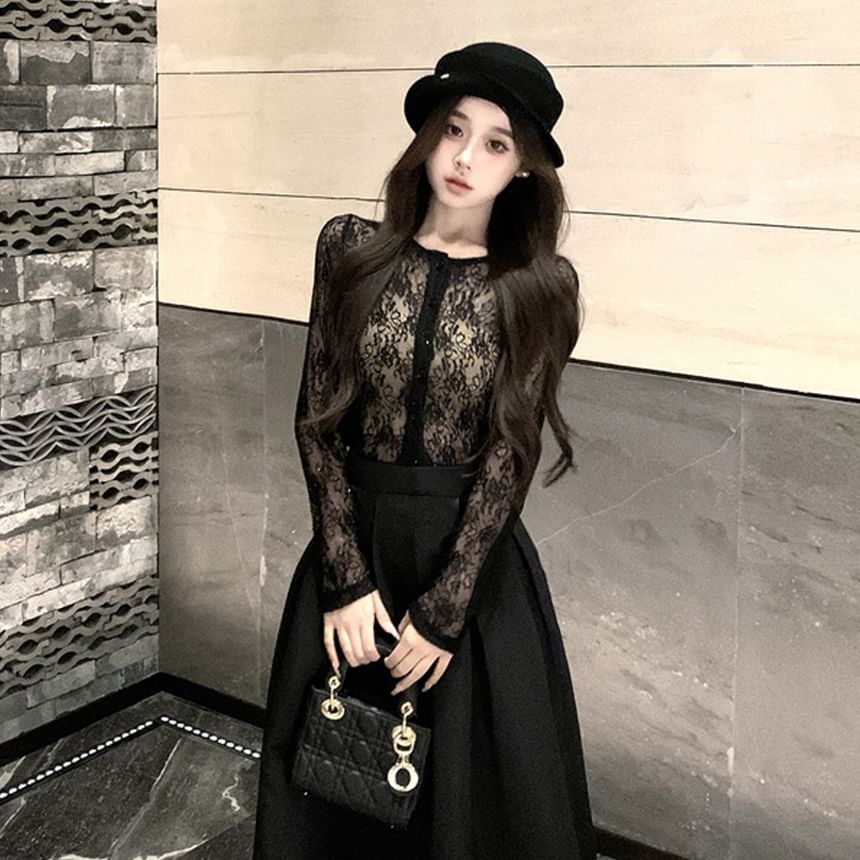 Round Neck Lace Top with Bandeau and Maxi Skirt