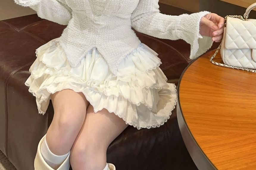 Two Tone Knit Top with Tiered Mini Skirt Set