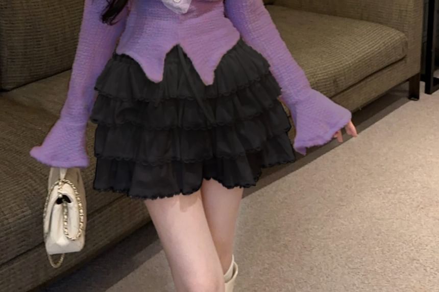 Two Tone Knit Top with Tiered Mini Skirt Set