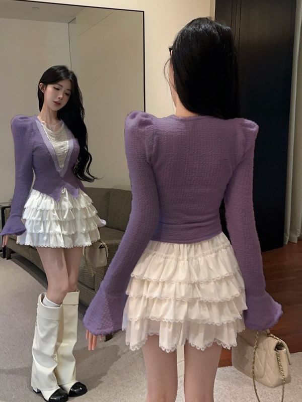 Two Tone Knit Top with Tiered Mini Skirt Set