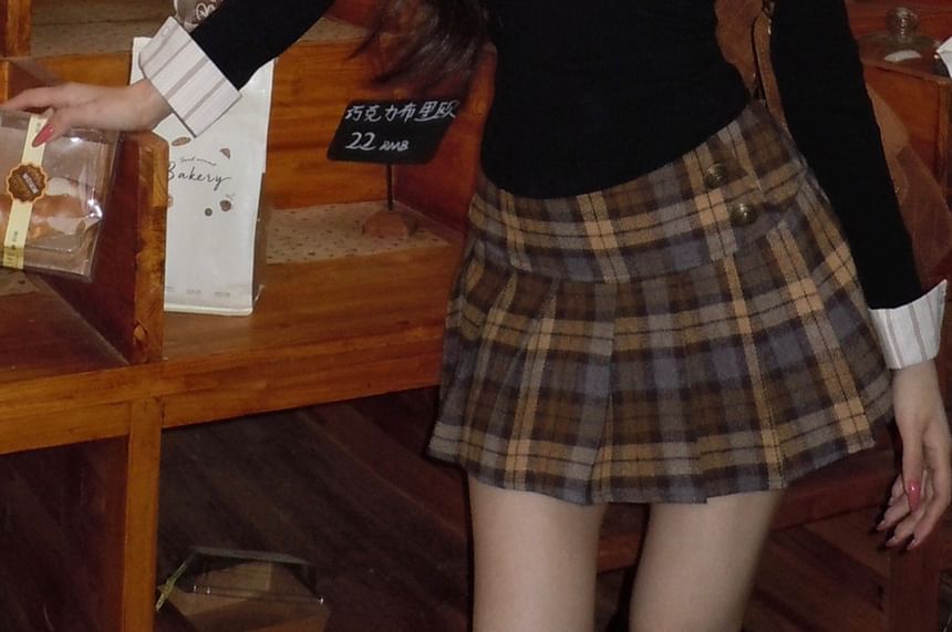 Collared V-Neck Top with Plaid Pleated Mini Skirt