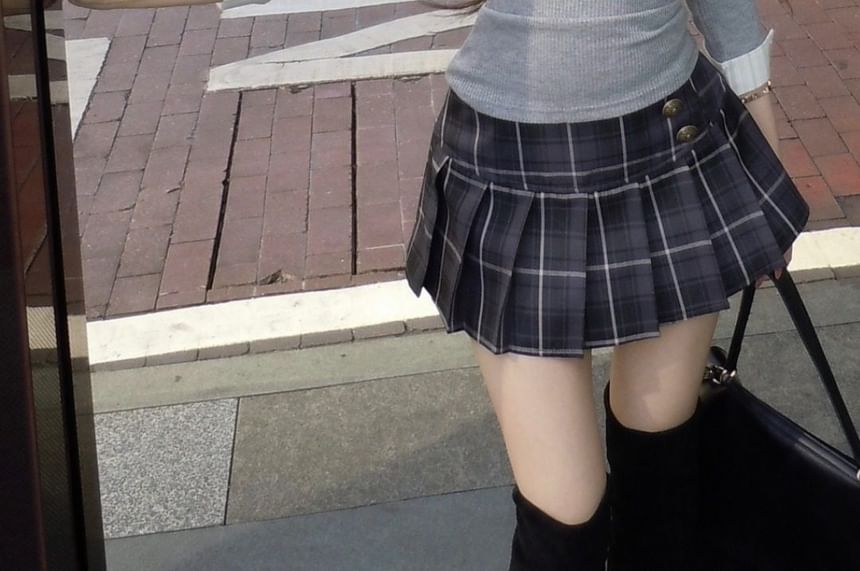 Collared V-Neck Top with Plaid Pleated Mini Skirt