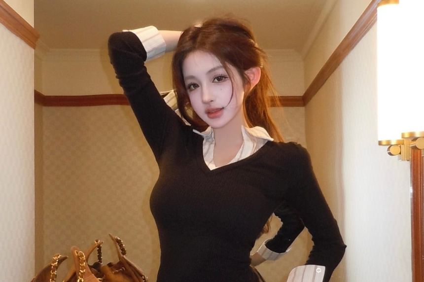 Collared V-Neck Top with Plaid Pleated Mini Skirt