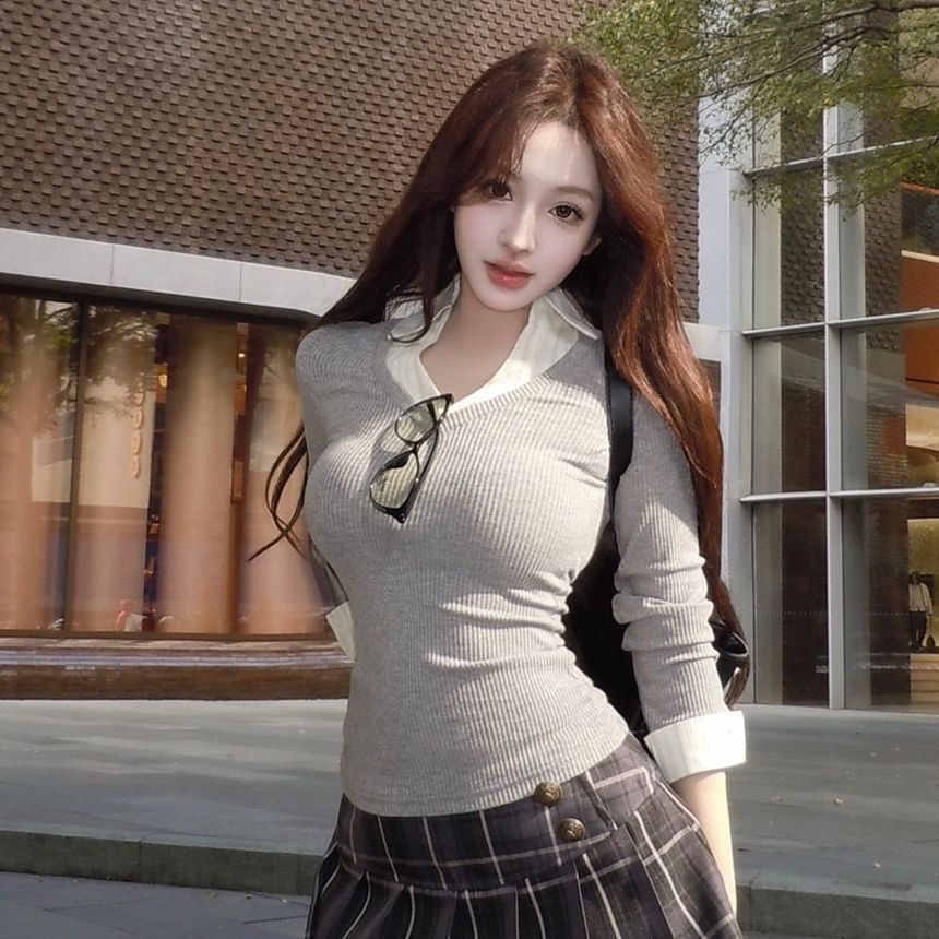 Collared V-Neck Top with Plaid Pleated Mini Skirt