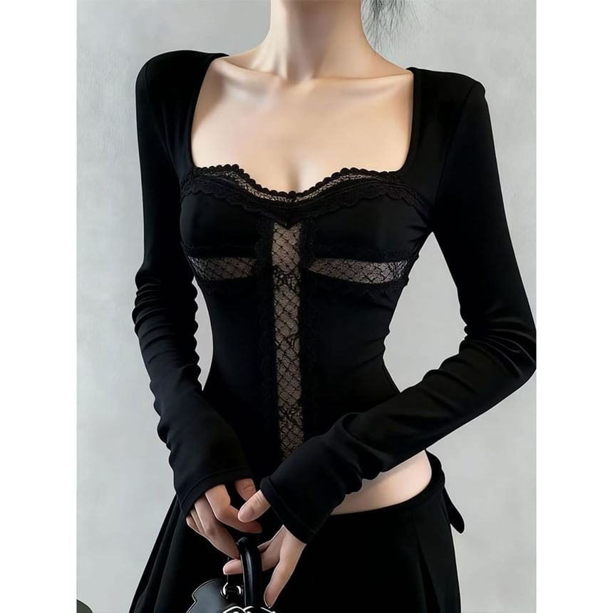 Square Neck Lace Trim Cropped Tee