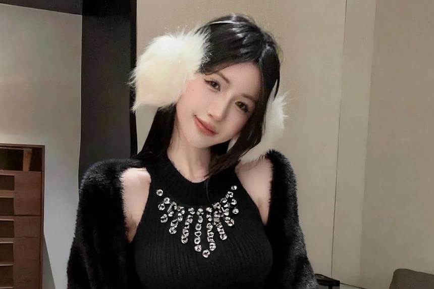 Halter Neck Rhinestone Crop Top with Pencil Skirt and Cardigan