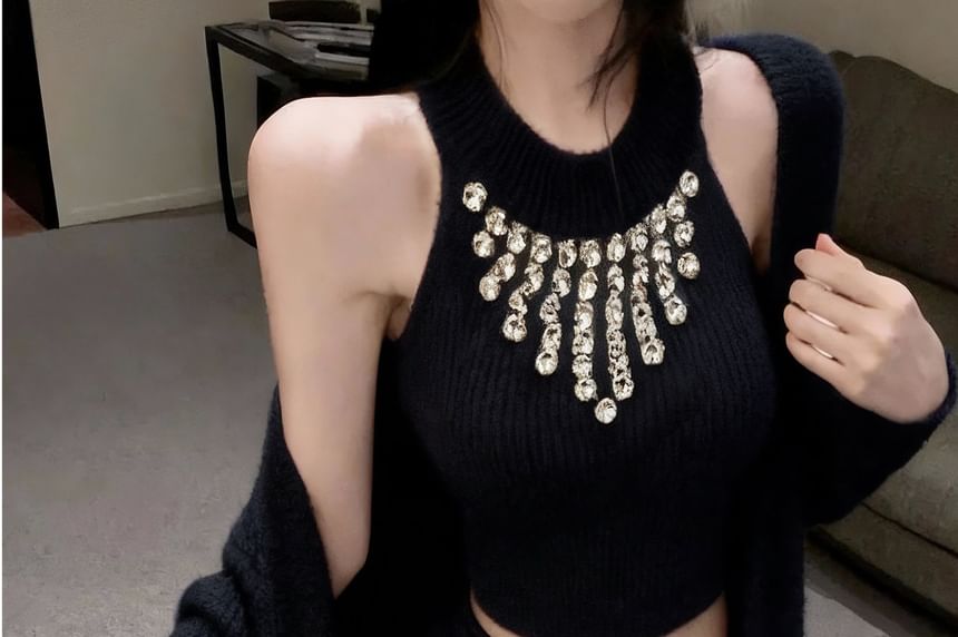 Rhinestone Halter Crop Knit & Pencil Skirt with Cardigan