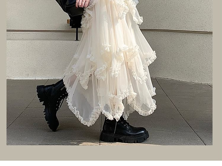 Asymmetrical Frill Mesh Maxi A-Line Skirt