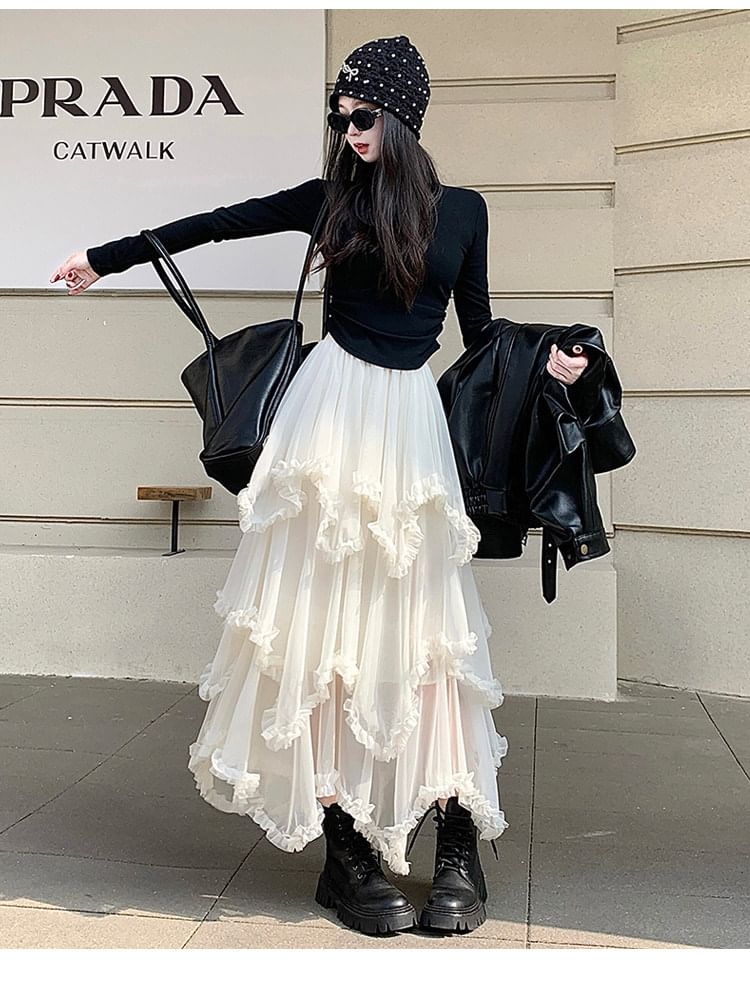 Asymmetrical Frill Mesh Maxi A-Line Skirt