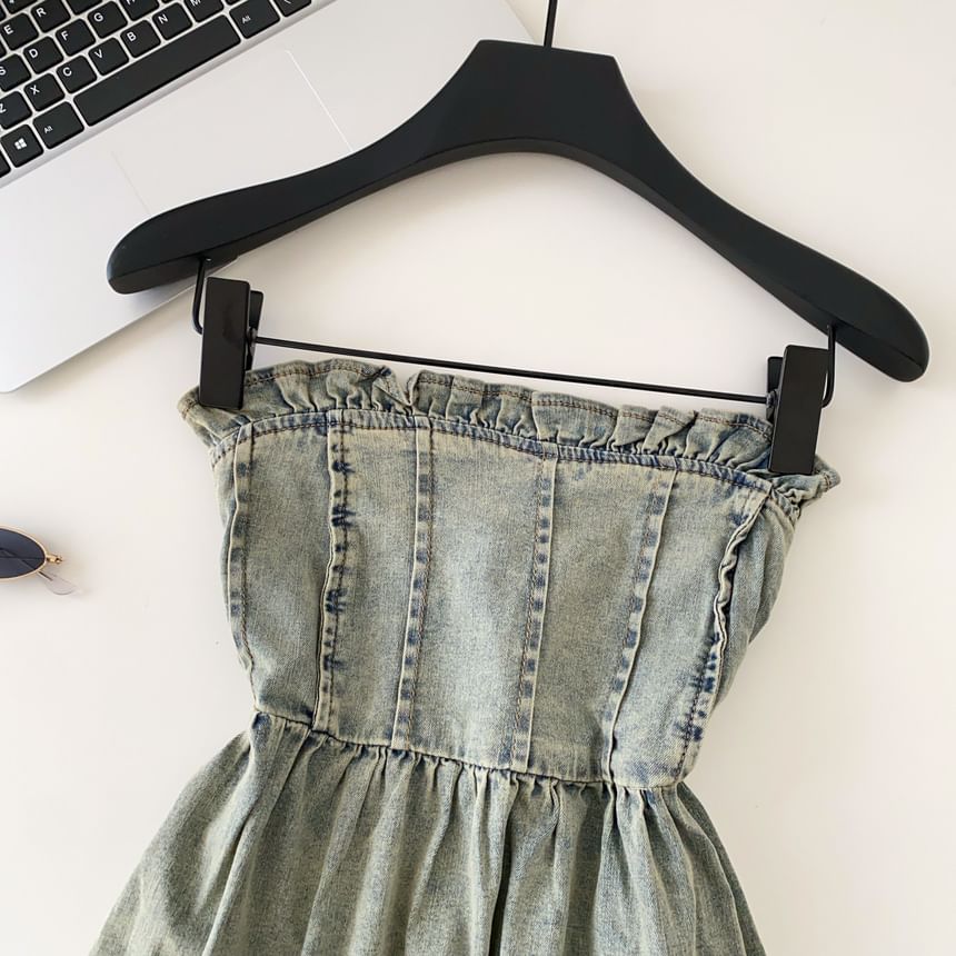 Peplum Denim Tube Top with Frill