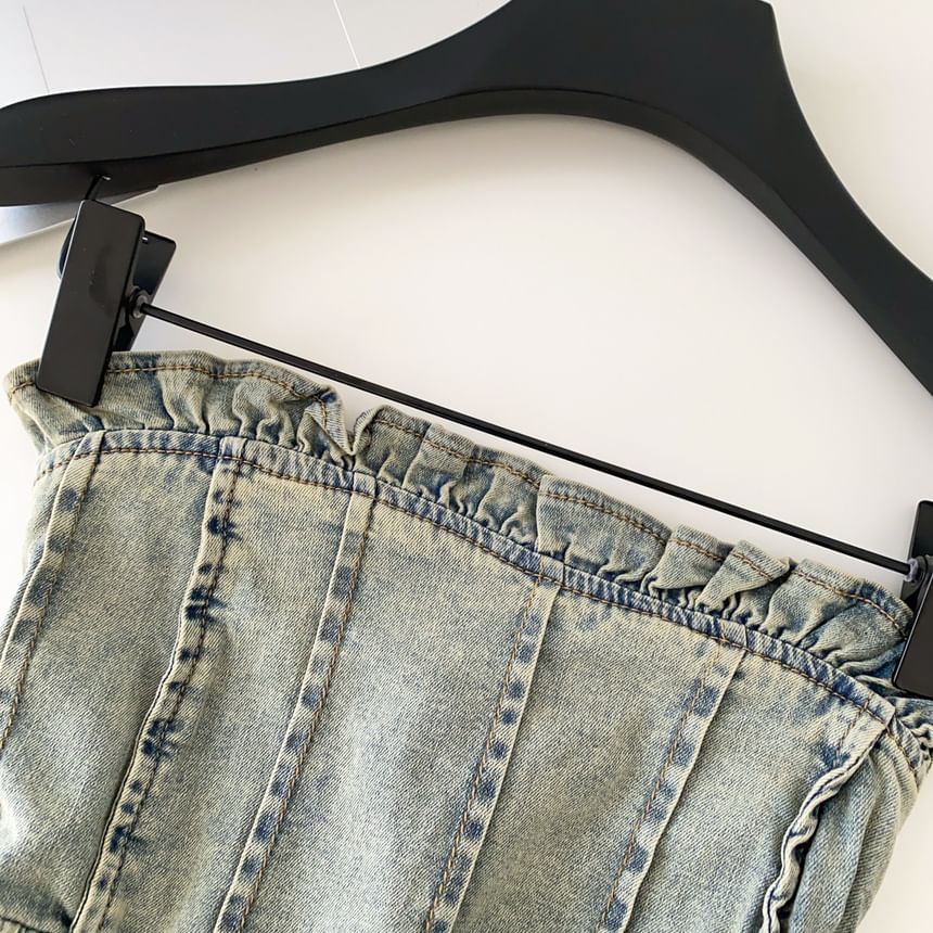 Peplum Denim Tube Top with Frill